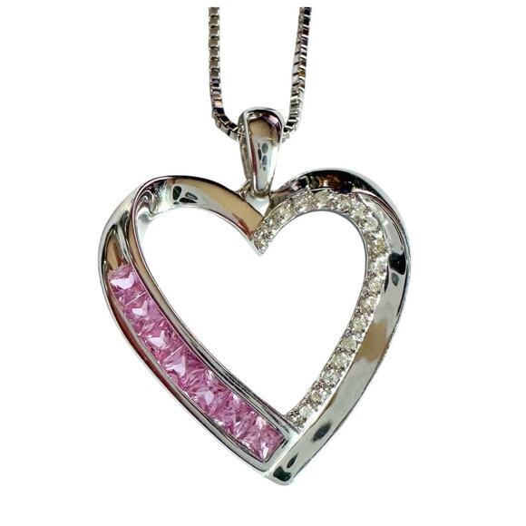 Pink & White Heart Necklace with Lab Created Sapphires - Sterling Silver - Picture 1 of 14
